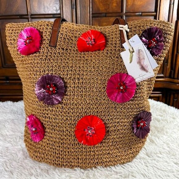 Jessica Simpson Raffia Straw 3D Beaded Floral Feather St. Pete Toast Pink Tote - Picture 1 of 16